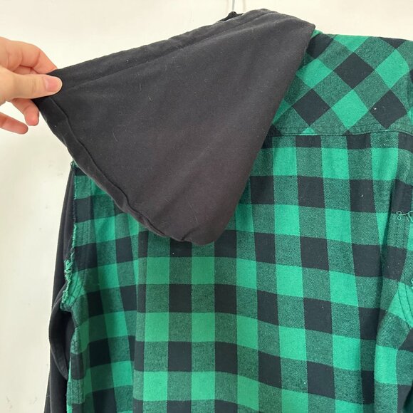 Hot Topic Rude Green Black Buffalo Check Hooded Button Up Small - Picture 9 of 10
